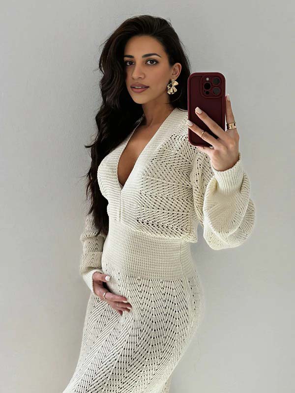 Momsmood White Crochet Knit Hollow Out Deep V-neck Lantern Sleeve Bodycon Elegant Going Out Maternity Sweater Maxi Dress