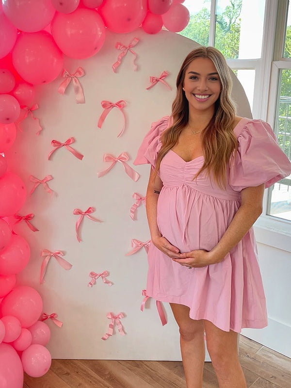 Momsmood Pink U neck Ruched Puff Sleeve Banquet Party Baby Shower Maternity Photoshoot Mini Dress