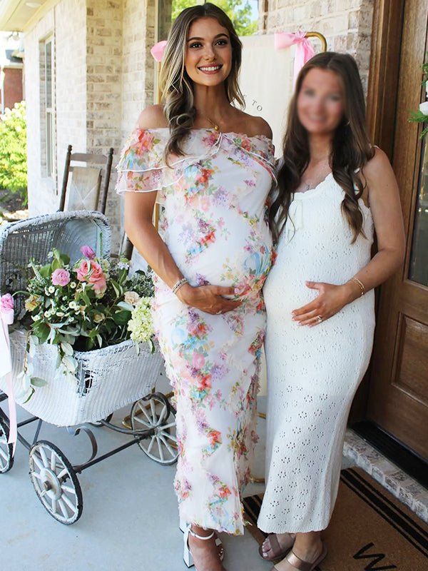 Ruffle Flouncy Tulle Off Shoulder Ruched Flower Maternity Maxi Dress
