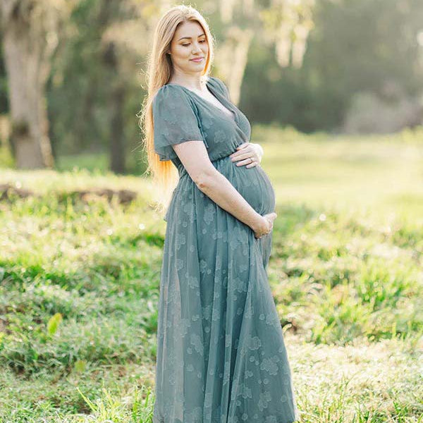 Momsmood Blue Floral Wrap Side Slit Big Swing Elegant Baby Moon Going Out Boho Maternity Photoshoot Baby Shower Maxi Dress