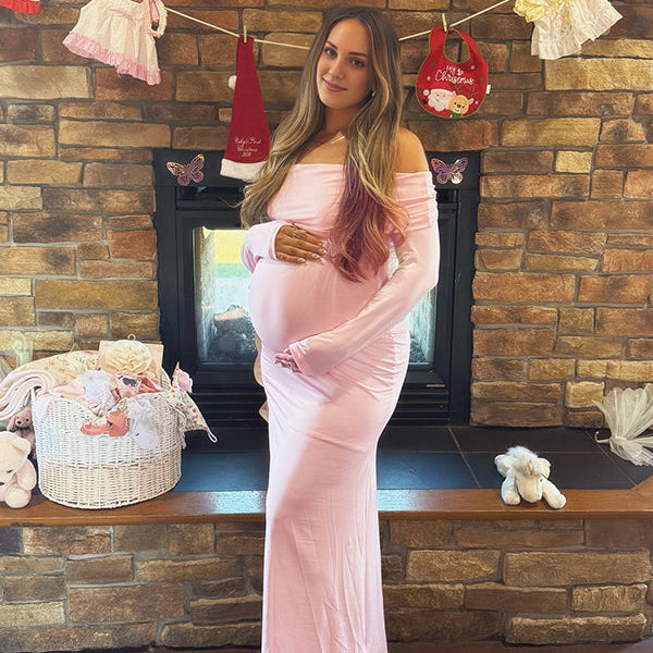 Momsmood Pink Off Shoulder Open Back Maternity Baby Shower Maxi Dress