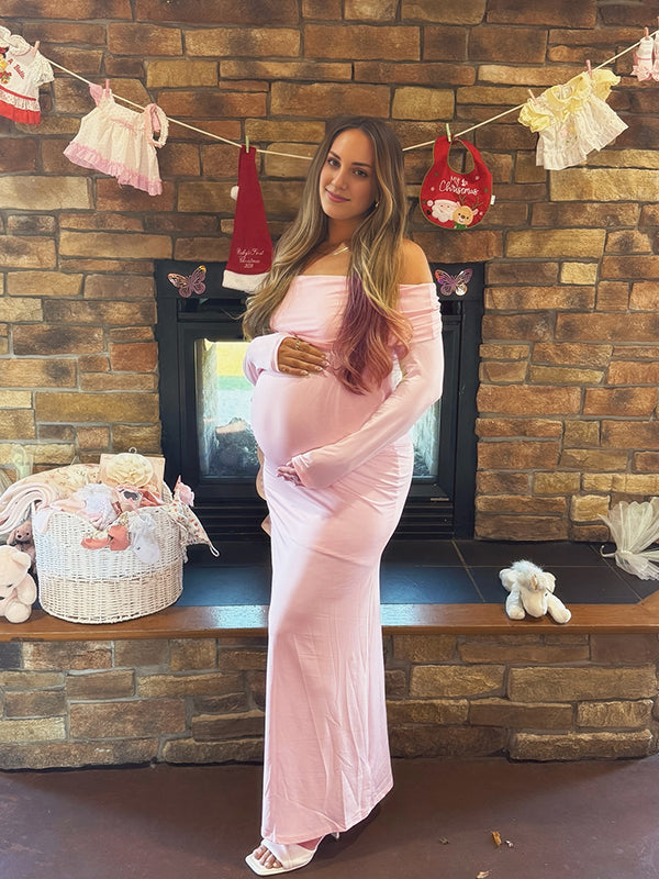 Momsmood Pink Off Shoulder Open Back Maternity Baby Shower Maxi Dress