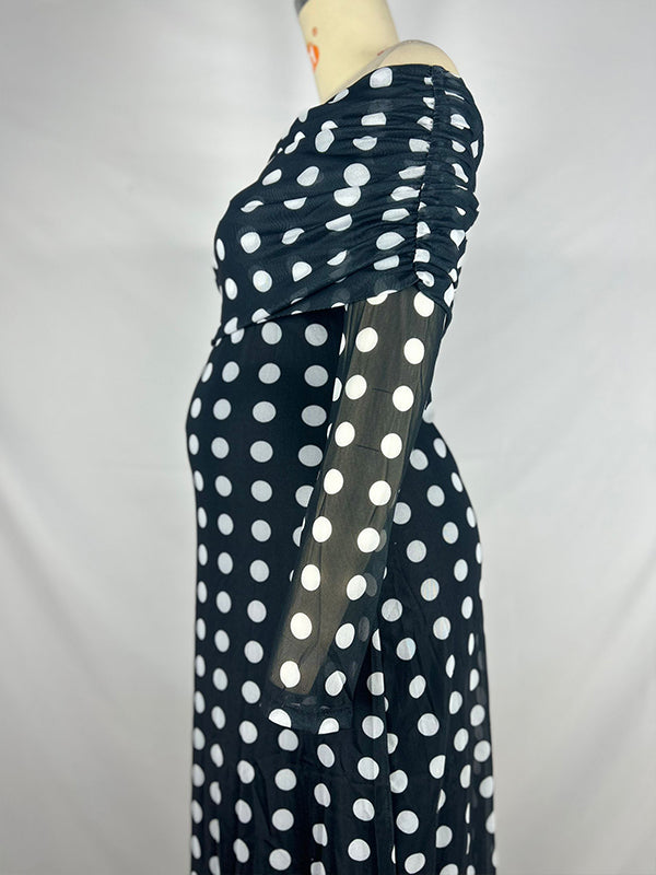 Momsmood Black And White Polka Dot Off Shoulder Ruched Bodycon Elegant Going Out Cocktail Maternity Photoshoot Maxi Dress