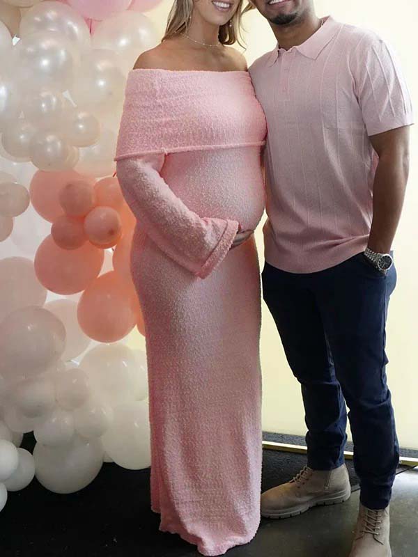 Momsmood Pink Off Shoulder Knitwear Elegant Maternity Baby Shower Maxi Dress