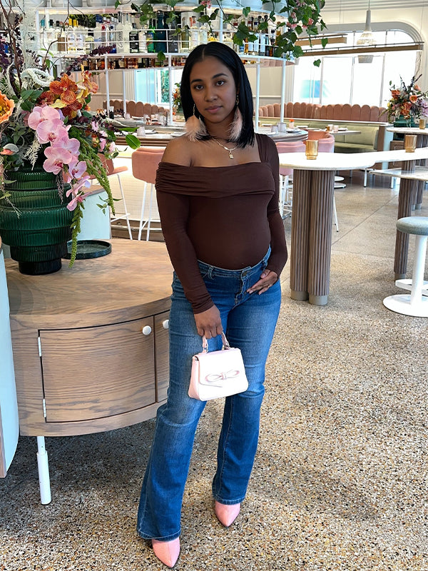 Momsmood Dark Brown Solid Color Oblique Shoulder Ruched Fashion Daily Date Party Maternity Top