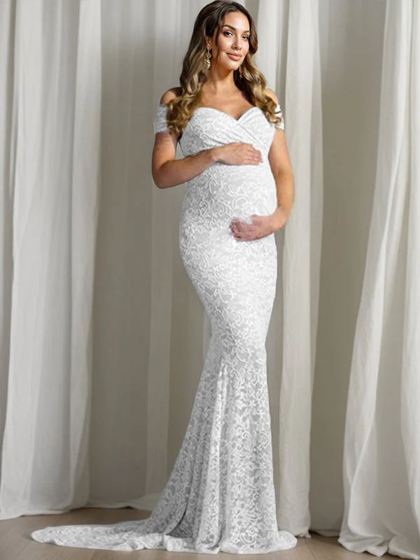Momsmood Floral Lace Off Shoulder Mermaid PhotoShoot Baby Shower Pregnant Maternity Maxi Dress