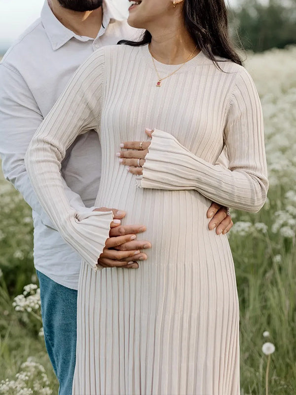 Momsmood Solid Color Sashes Knit Lace-up High Waist Going Out Photoshoot Maternity Sweater Maxi Dress