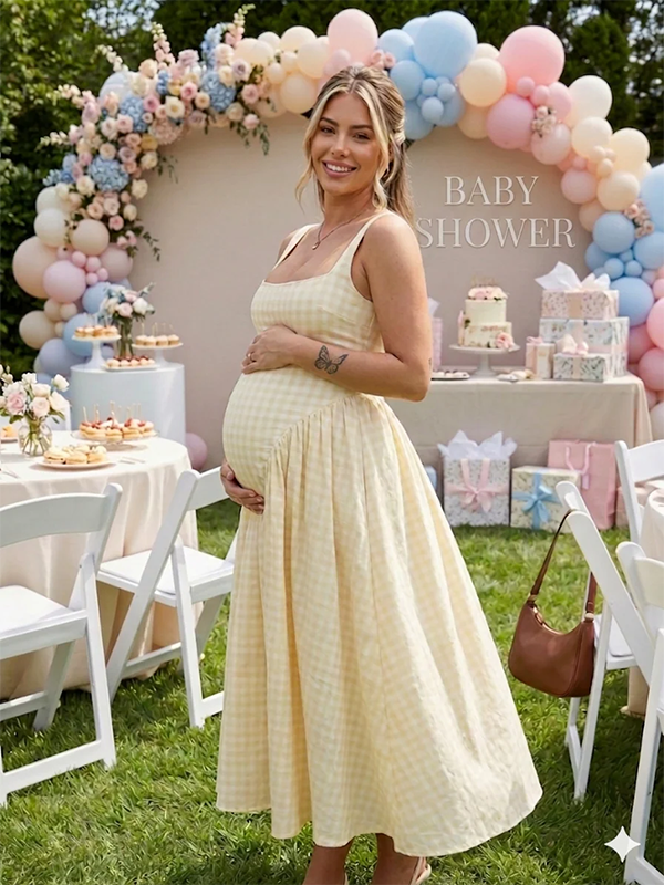 Momsmood Plaid Tank A-line Elegant Maternity Baby Shower Maxi Dress