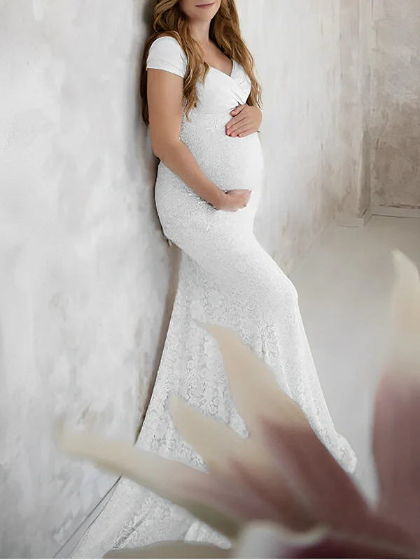 Momsmood Floral Lace Off Shoulder Mermaid PhotoShoot Baby Shower Pregnant Maternity Maxi Dress