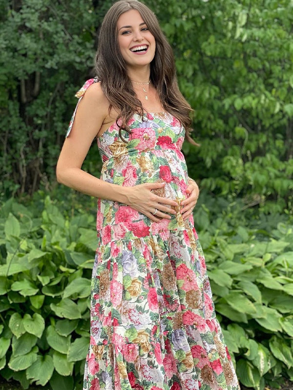 Momsmood  Lace-up Spaghetti Strap Stamp Duty Vacation Beach Baby Shower Maternity Photoshoot Maxi Dress