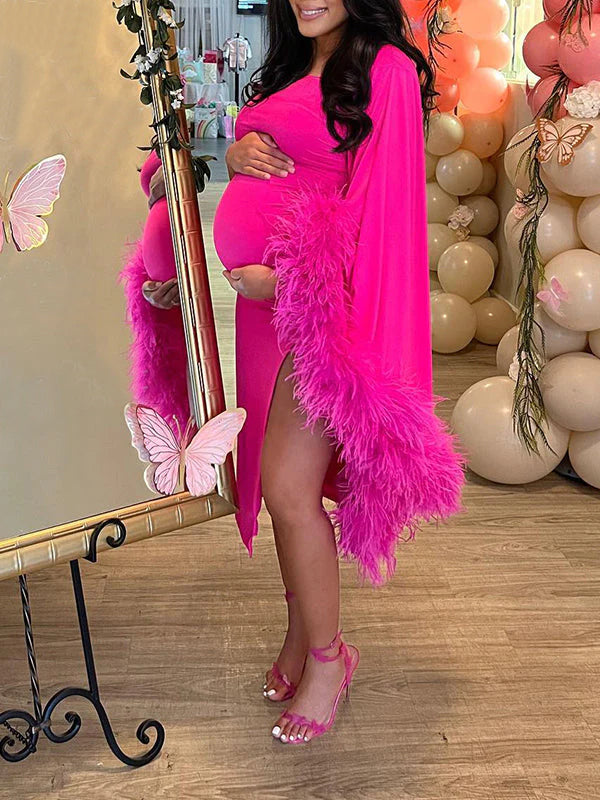 Momsmood Hot Pink One Shoulder Feather Splicing Side Slit Bodycon Evening Maternity Baby Shower Midi Dress