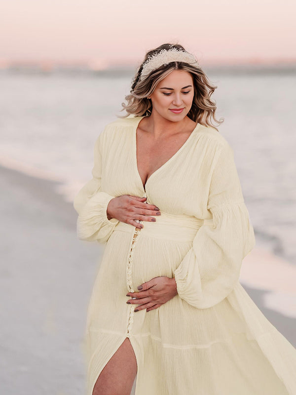 Momsmood Ivory White Single Breasted Open Front Big Swing Deep V-neck Robe Elegant Wedding Gown Maternity Boho Photoshoot Maxi Dress