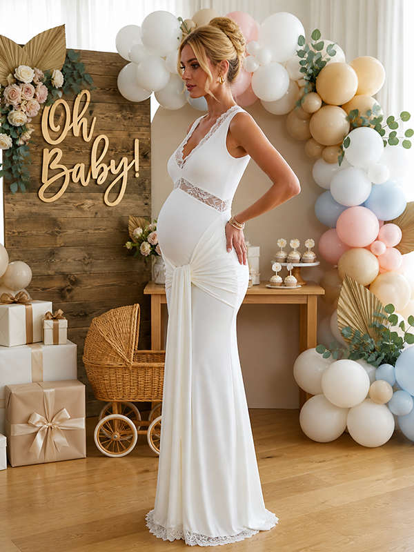 Elegant White Lace Ruched Draped Flowy Maternity Maxi Dress