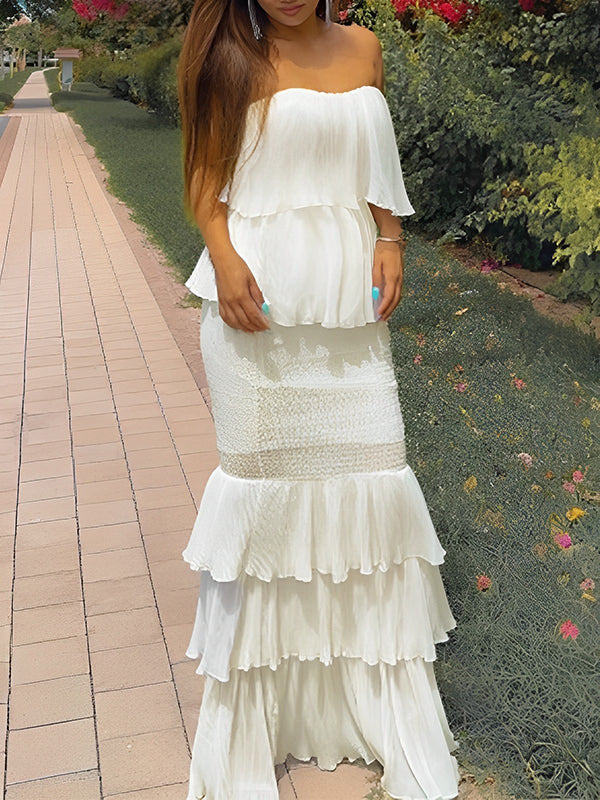 Momsmood Off Shoulder Bandeau Ruffle Falbala Bodycon Baby Shower Cute Maternity Maxi Dress