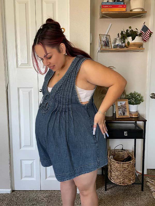 Momsmood Dark Blue Bow Pockets Draped Denim Daily Going Out Maternity Jumpsuit