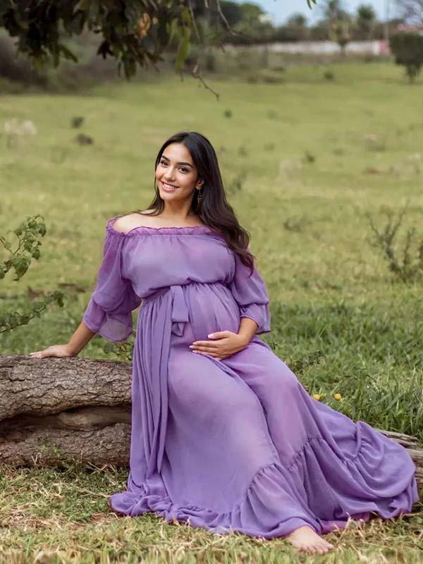 Momsmood Purple Chiffon Flowy Off Shoulder Belt Ruffle Falbala Big Swing Boho Beach Vacation Maternity Photoshoot Baby Shower Maxi Dress