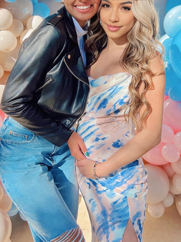 Momsmood  Spaghetti Strap Stamp Duty Ruched Vacation Beach Baby Shower Maternity Photoshoot Maxi Dress