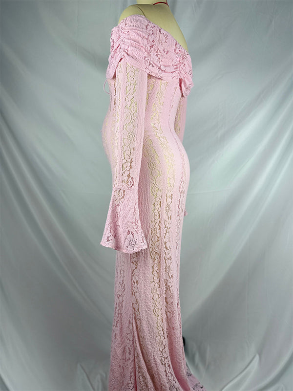 Momsmood Pink Off Shoulder Lace Mermaid Photoshoot Maternity Maxi Dress