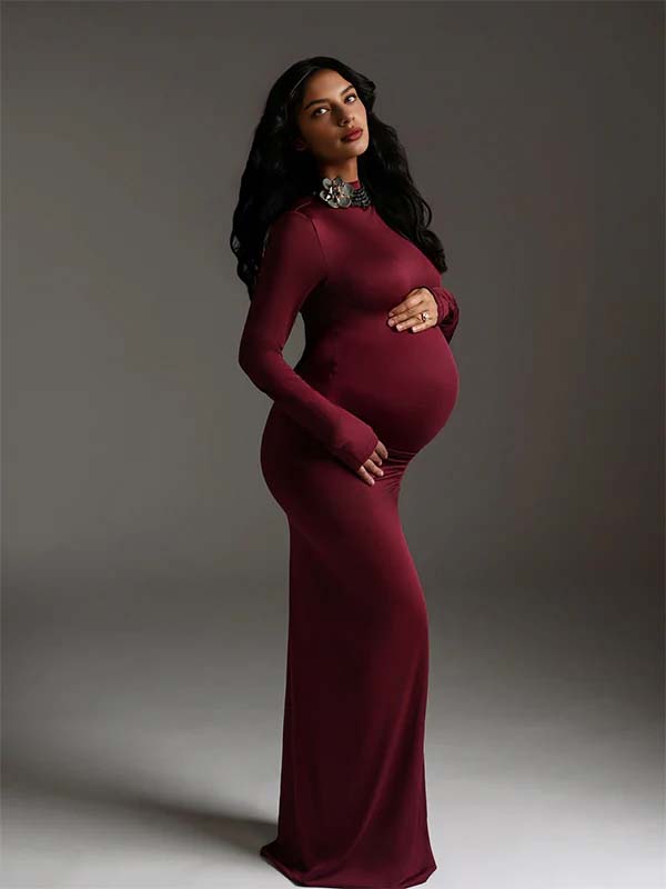Momsmood Wine Red Ruched Photoshoot Maternity Maxi Dress