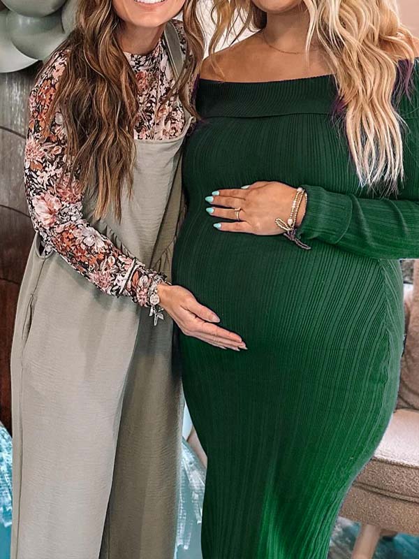 Momsmood Off Shoulder Backless Crochet Maternity Sweater Baby Shower Maxi Dress