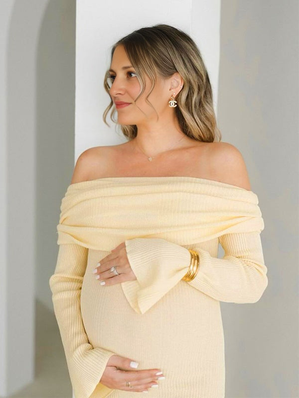 pastel yellow maternity dress Momsmood Yellow Knit Off Shoulder Flare Sleeve Mermaid Bodycon Elegant Vacation Photoshoot Baby Shower Maternity Maxi Dress