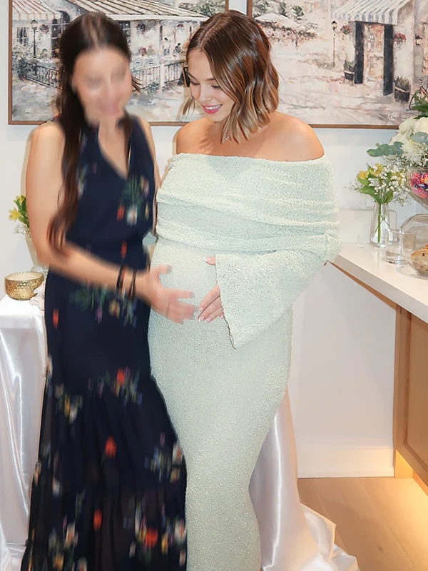 Momsmood Green Knit Off Shoulder Flare Sleeve Bodycon Elegant Going Out Maternity Photoshoot Maxi Sweater Dress