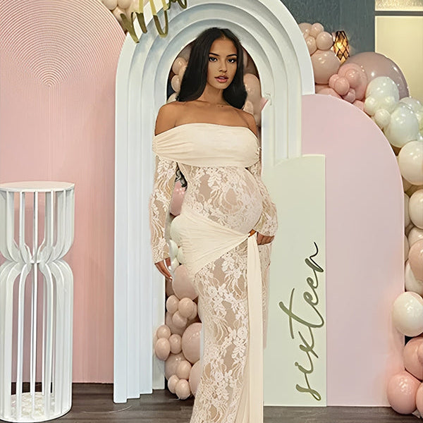 Momsmood Apricot Off Shoulder Lace Spliced Lace Up Maternity Baby Shower Maxi Dress