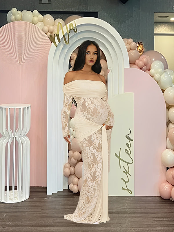 Momsmood Apricot Off Shoulder Lace Spliced Lace Up Maternity Baby Shower Maxi Dress