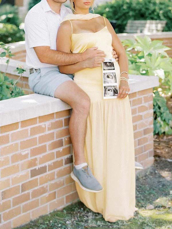Yellow Wrap Chiffon Splicing Flowy Photoshoot Maternity Maxi Dress