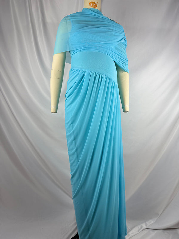 Light Blue Ruched Irregular Neck Baby Shower Maternity Maxi Dress