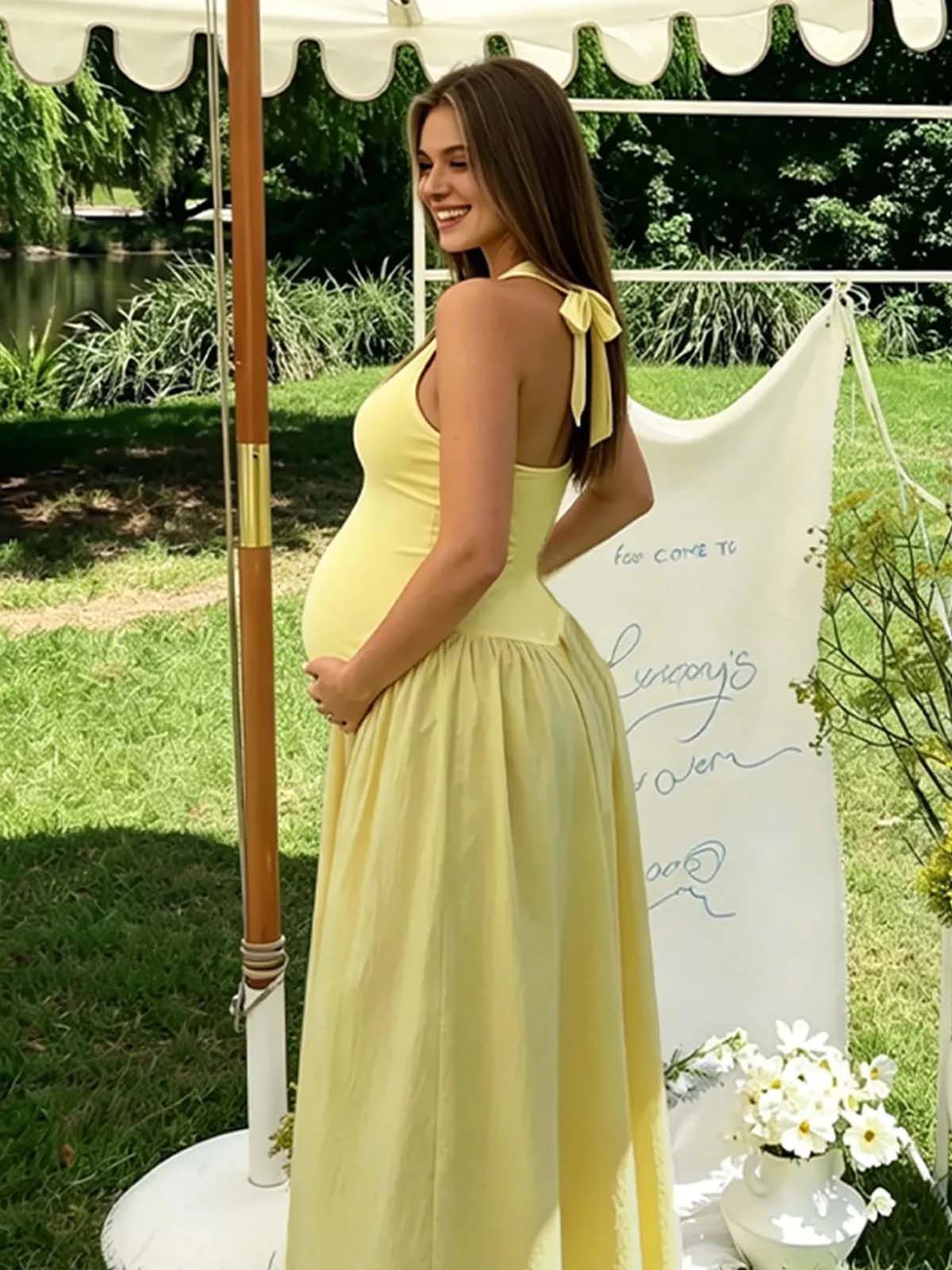 Yellow Halter Neck Backless Lace Up Ruffle Maternity Maxi Dress