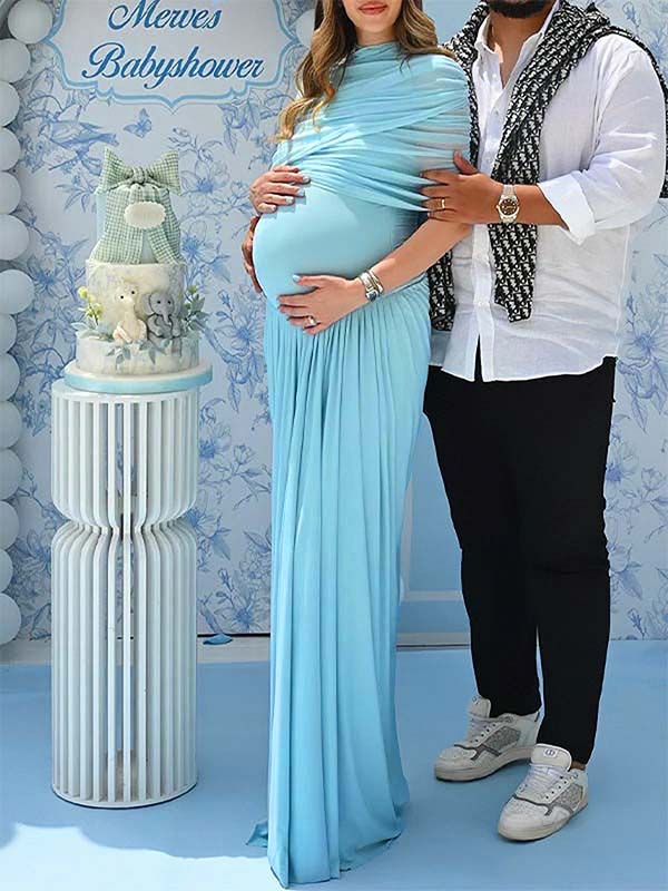 Light Blue Ruched Irregular Neck Baby Shower Maternity Maxi Dress