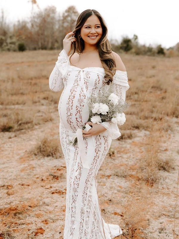 Momsmood White Off Shoulder Lace Bandeau Tie Front Mermaid Bandage Going Out Photoshoot Maternity Maxi Dress