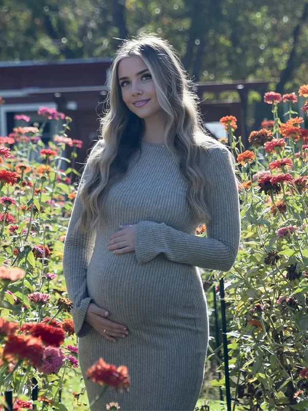 Momsmood Camel Knit Flare Sleeve Photoshoot Maternity Maxi Sweater Dress