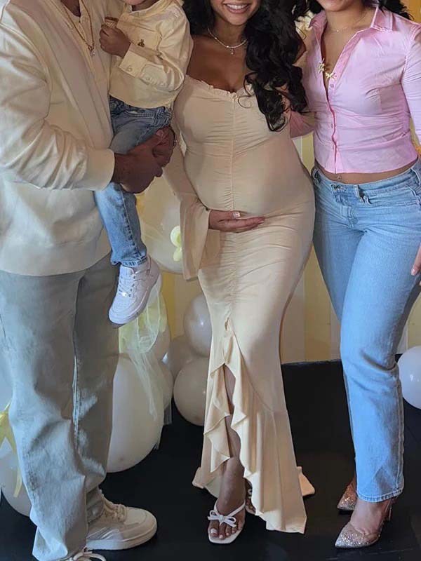 Momsmood Beige Off Shoulder Ruffle Falbala Ruched Slit Mermaid Elegant Maternity Baby Shower Maxi Dress