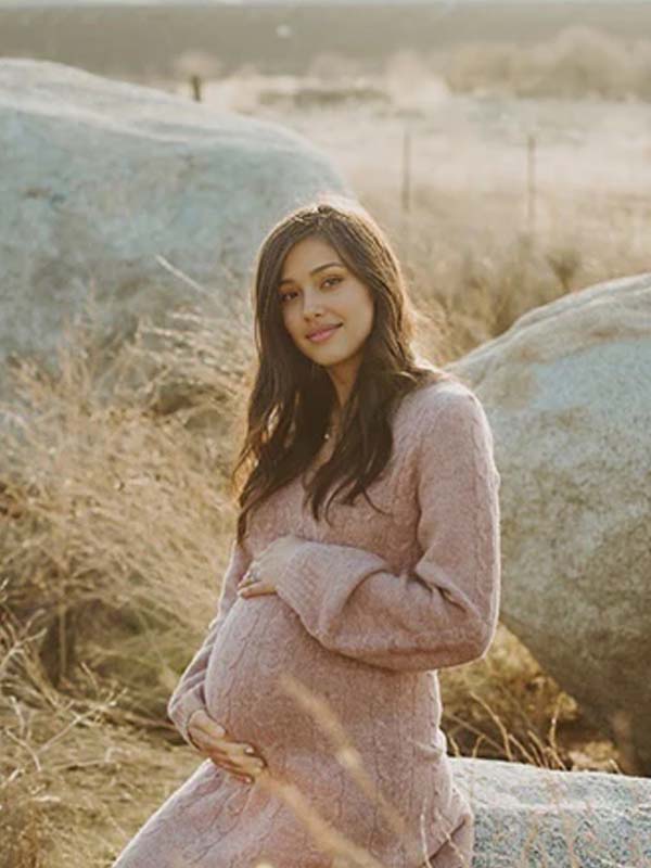 Momsmood Cable Knit A-line V-neck Lantern Sleeve Maternity Sweater Mini Dress