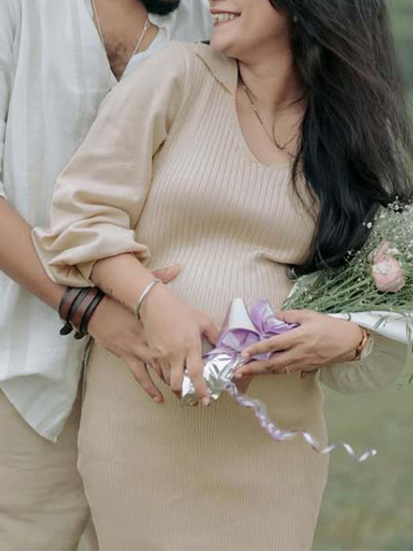 Momsmood Knit Belt Polo Neck Lantern Sleeve Bodycon Maternity Sweater Maxi Dress