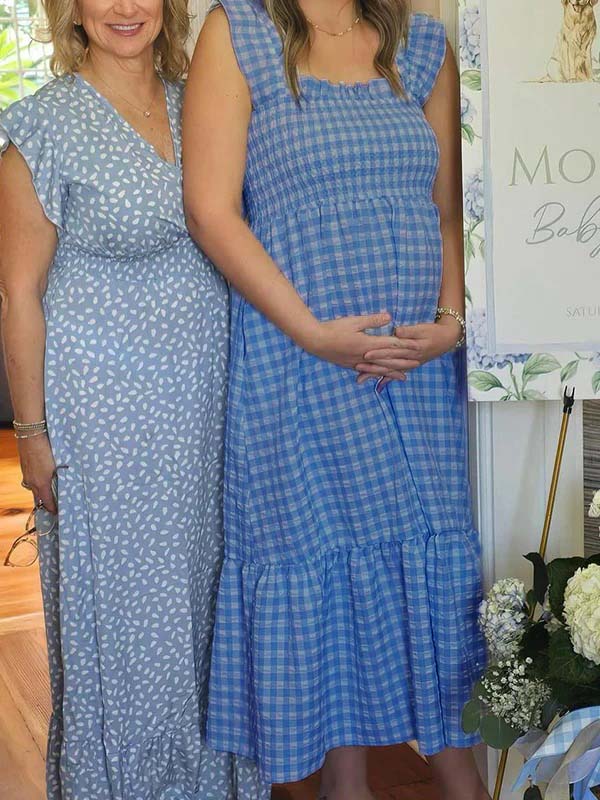 Momsmood Blue Plaid Smocked Ruffle Falbala Square Neck Big Swing Elegant Maternity Baby Shower Maxi Dress