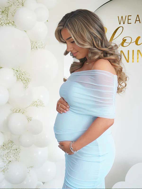 Momsmood Light Blue Mesh Off Shoulder Ruched Mermaid Elegant Maternity Baby Shower Maxi Dress