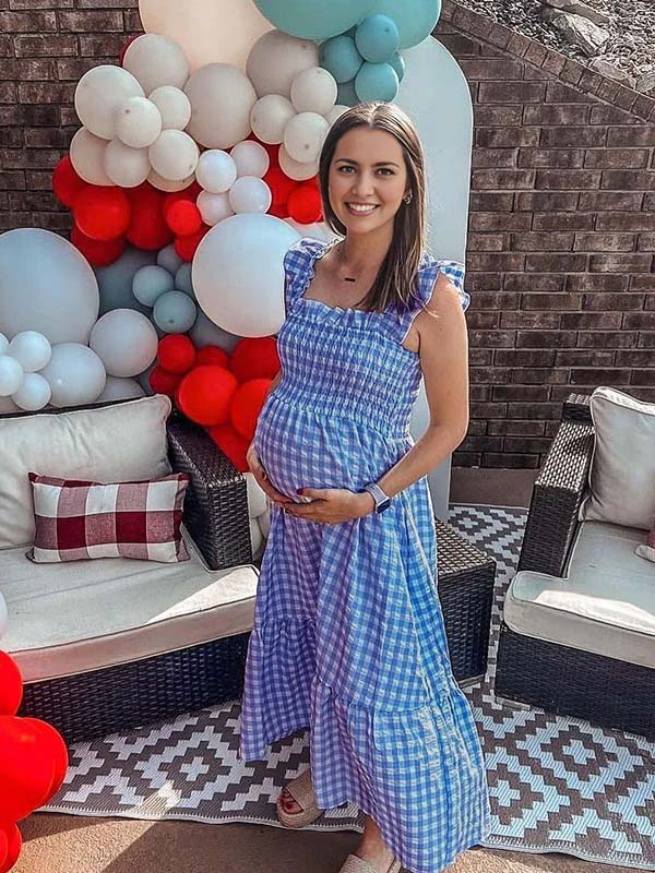 Momsmood Blue Plaid Smocked Ruffle Falbala Square Neck Big Swing Elegant Maternity Baby Shower Maxi Dress