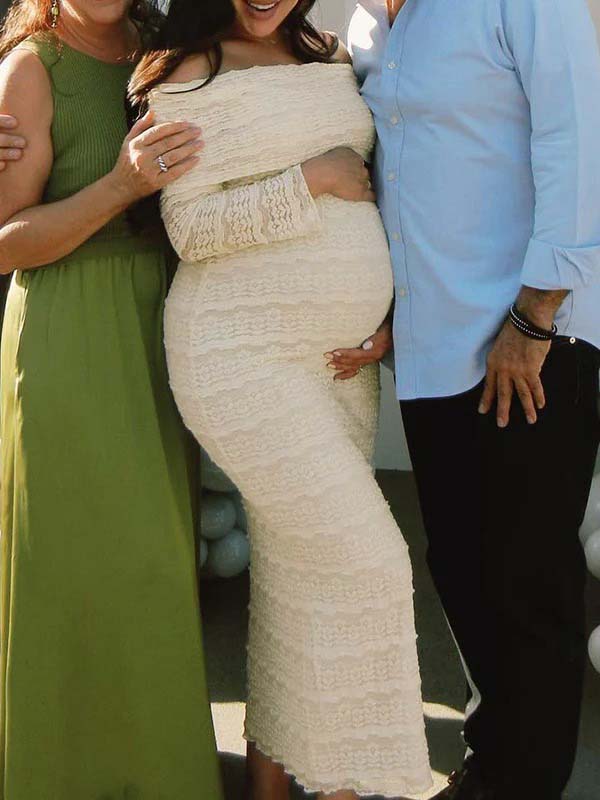 Momsmood Beige Lace Off Shoulder Ruffle Falbala Bodycon Elegant Maternity Baby Shower Maxi Dress