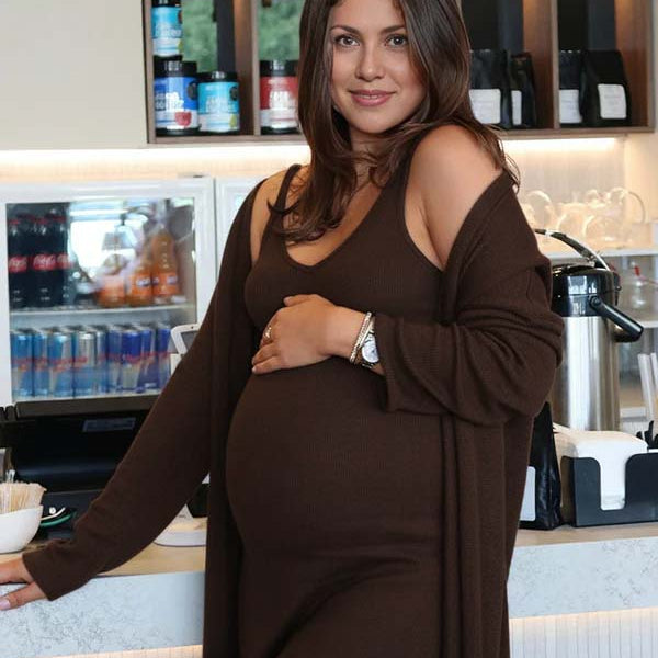Momsmood Brown Knit Tank Maxi Dress And Long Cardigan Two Piece Set Casual Maternity Knitwear
