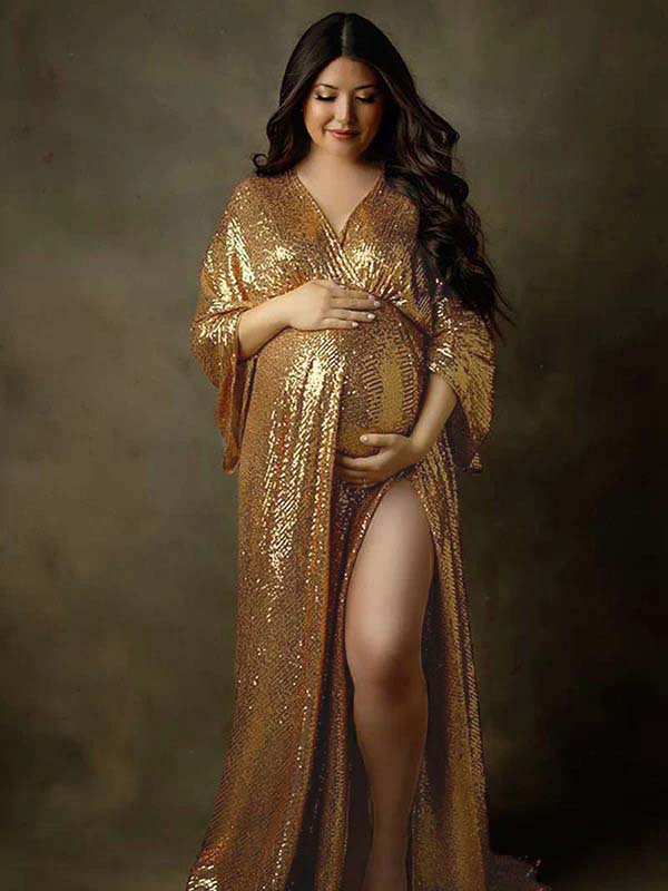 Momsmood Golden Sparkly Sequin Side Slit Flare Sleeve Elegant Evening Gown Maternity Photoshoot Party Maxi Dress