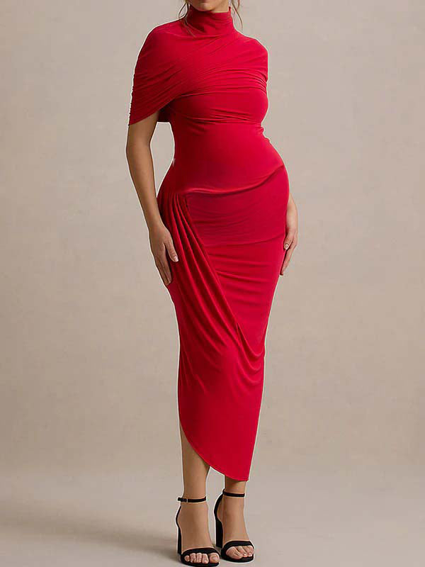 Momsmood Irregular Ruched Side Slit Cape Sleeve ELegant Maternity Maxi Dress