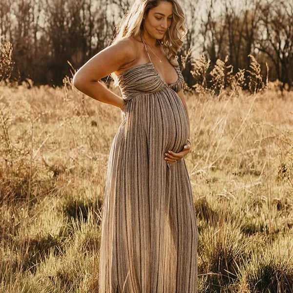 Beige Boho Halter Neck Lace-Up Backless Maternity Maxi Dress