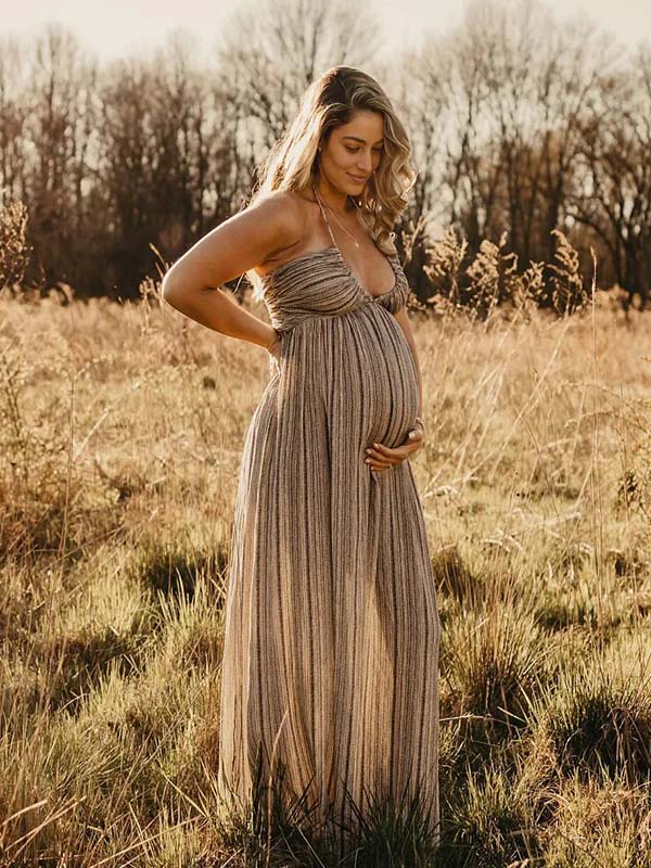 Beige Boho Halter Neck Lace-Up Backless Maternity Maxi Dress