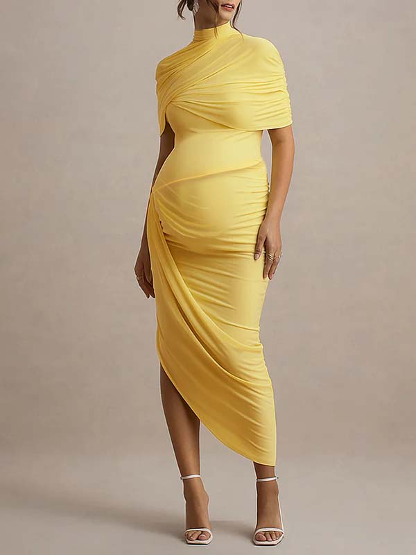 Momsmood Irregular Ruched Side Slit Cape Sleeve ELegant Maternity Maxi Dress