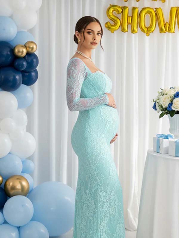 Momsmood Lace Ruffle Back Slit Square Neck Bodycon Maternity Maxi Dress