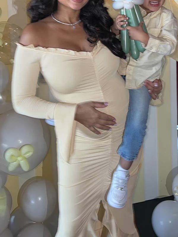 Momsmood Beige Off Shoulder Ruffle Falbala Ruched Slit Mermaid Elegant Maternity Baby Shower Maxi Dress