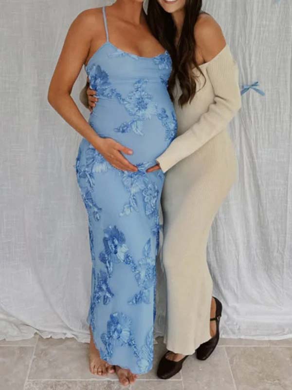 Momsmood Blue Floral Tie Shoulder Strap Cami Bodycon Maternity Maxi Dress